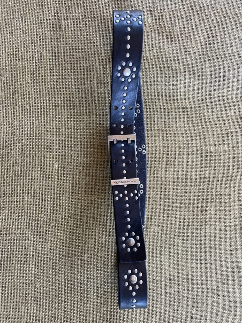 Calvin Klein Jeans Navy Leather Studded Belt with Silver Accents